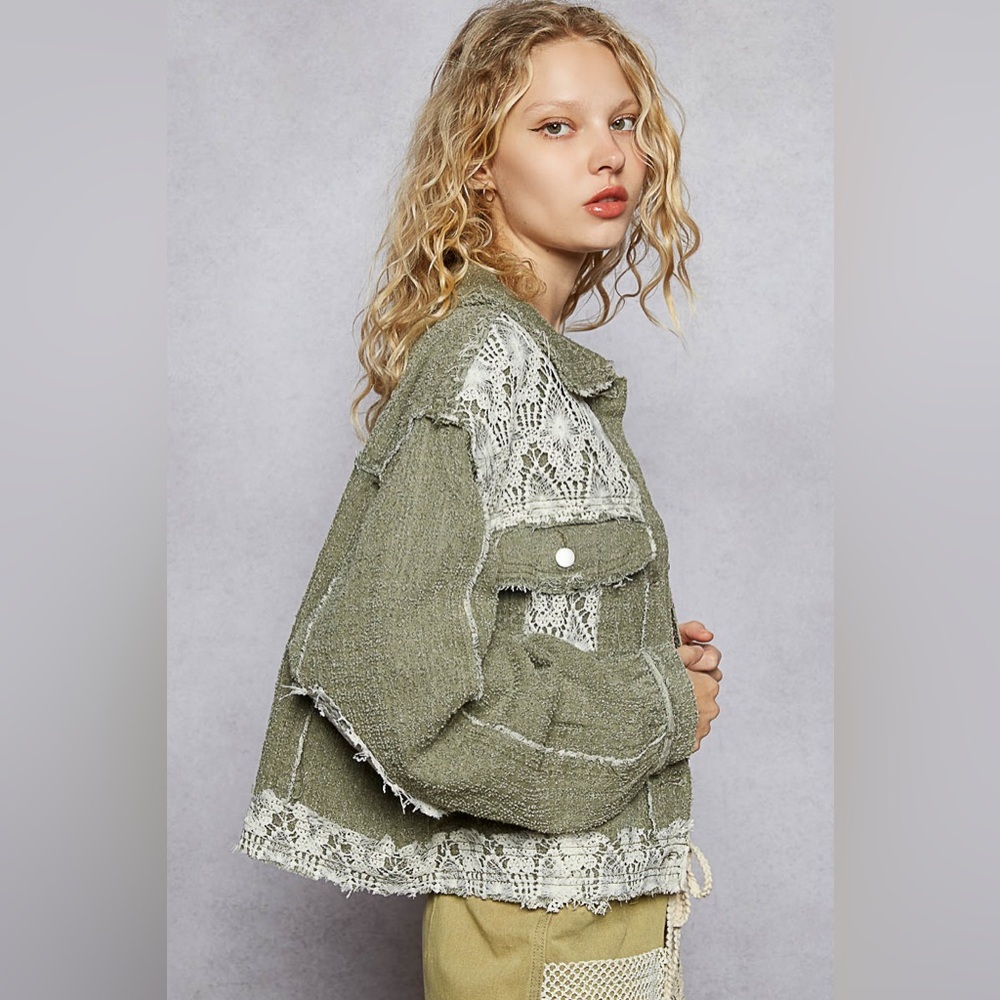 POL Olive Green Distressed Patchwork Jacket with White Lace and Pink Embroidery - Picture 2 of 6